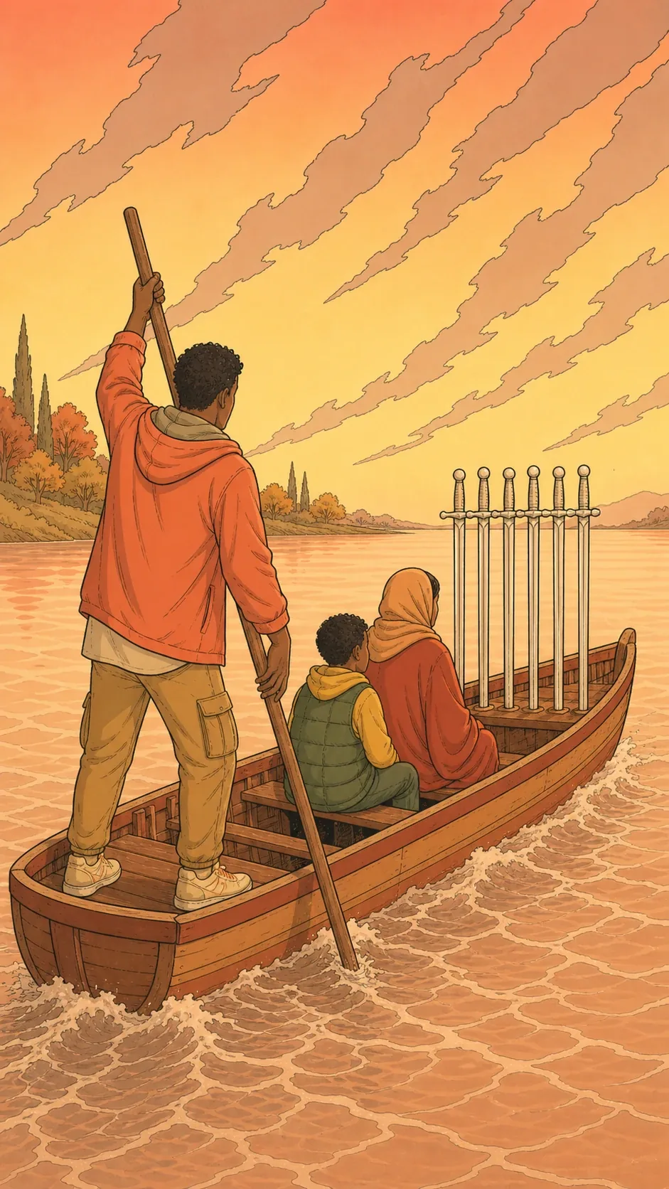 Le Six d'Épée — carte du tarot Rider-Waite-Smith